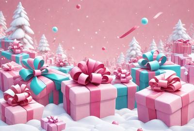 The primary subject of the image is a group of pink and blue wrapped presents. The presents are placed in a snowy environment, which adds a festive and wintery atmosphere to the scene. The visual style of the image is digital art, as it appears to be a computer-generated or digitally rendered scene. The colors and mood of the image are predominantly pink and blue, with a touch of white from the snow, creating a warm and cheerful ambiance.